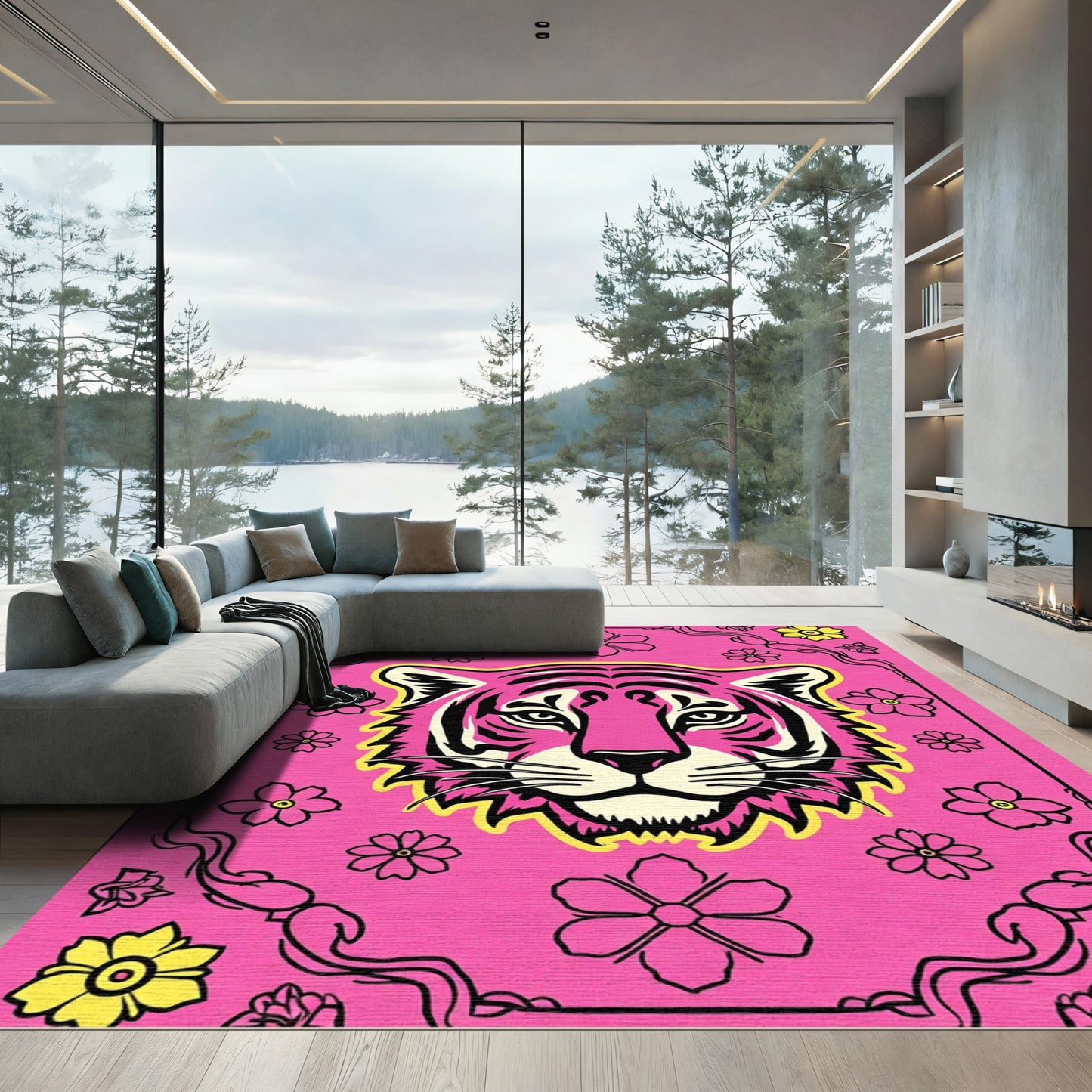 Vibrant Pink Tiger Floral Border Rug