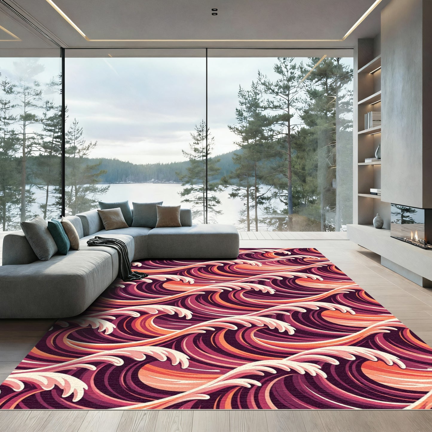 Crimson Orange Swirling Ocean Waves Rug
