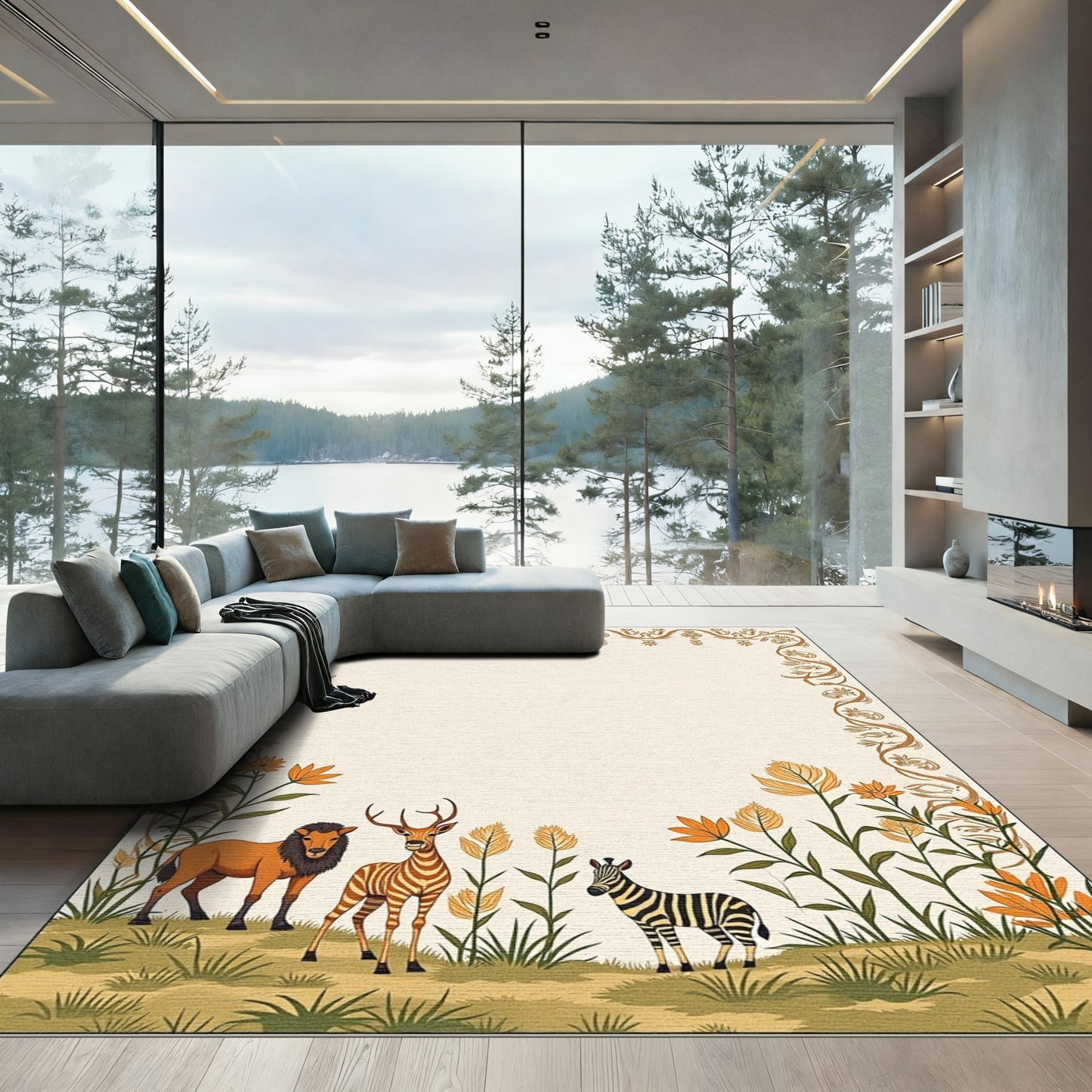 Safari Animals With Floral Border Rug