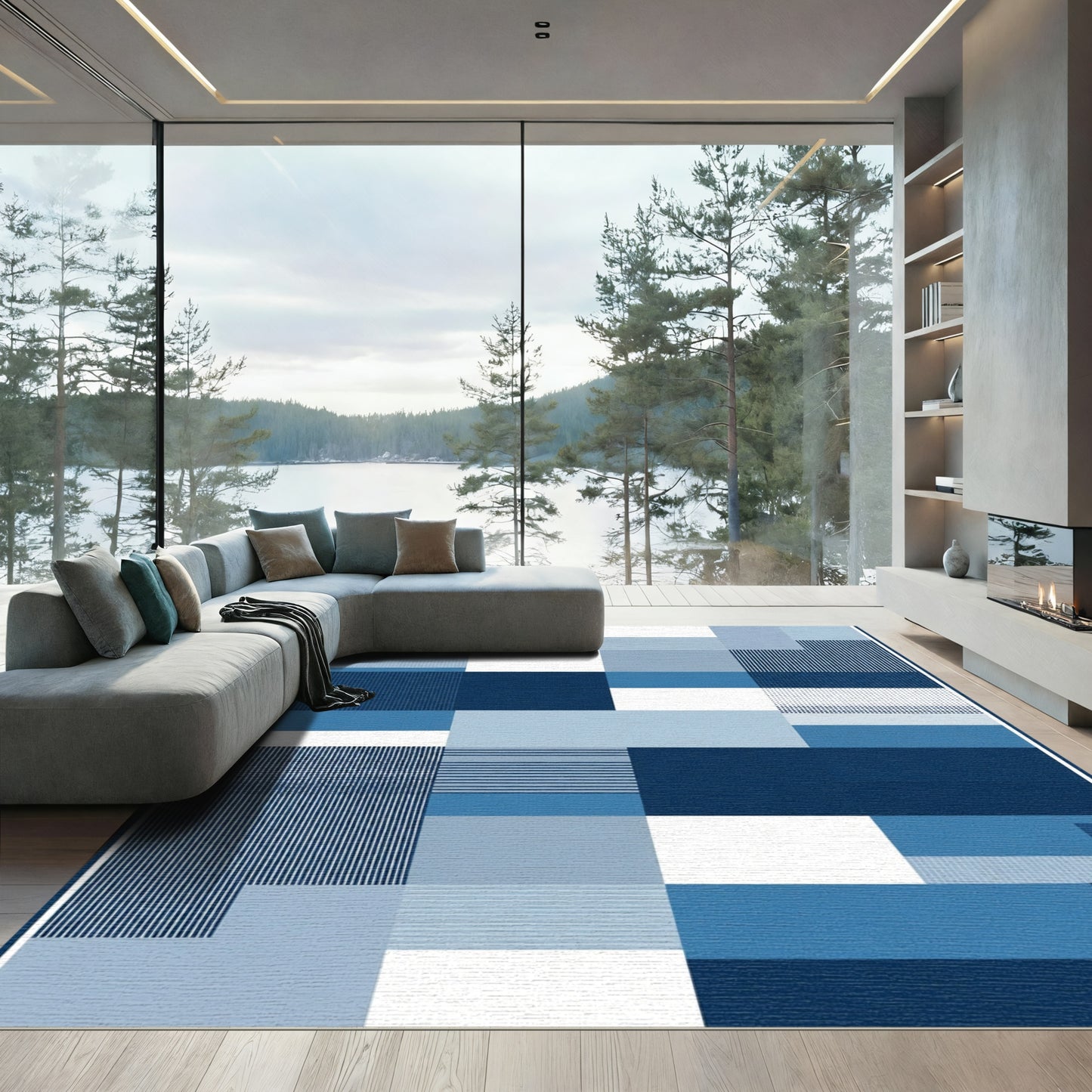 Shades of Blue Geometric Blocks Rug