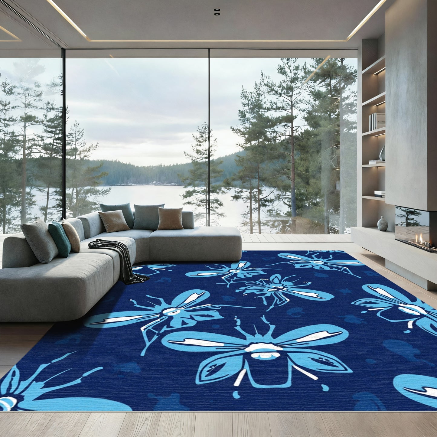 Blue Insects On Dark Blue Background Rug