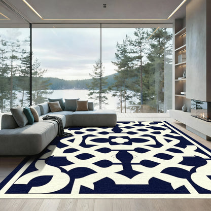 Navy Cream Intricate Geometric Lattice Rug