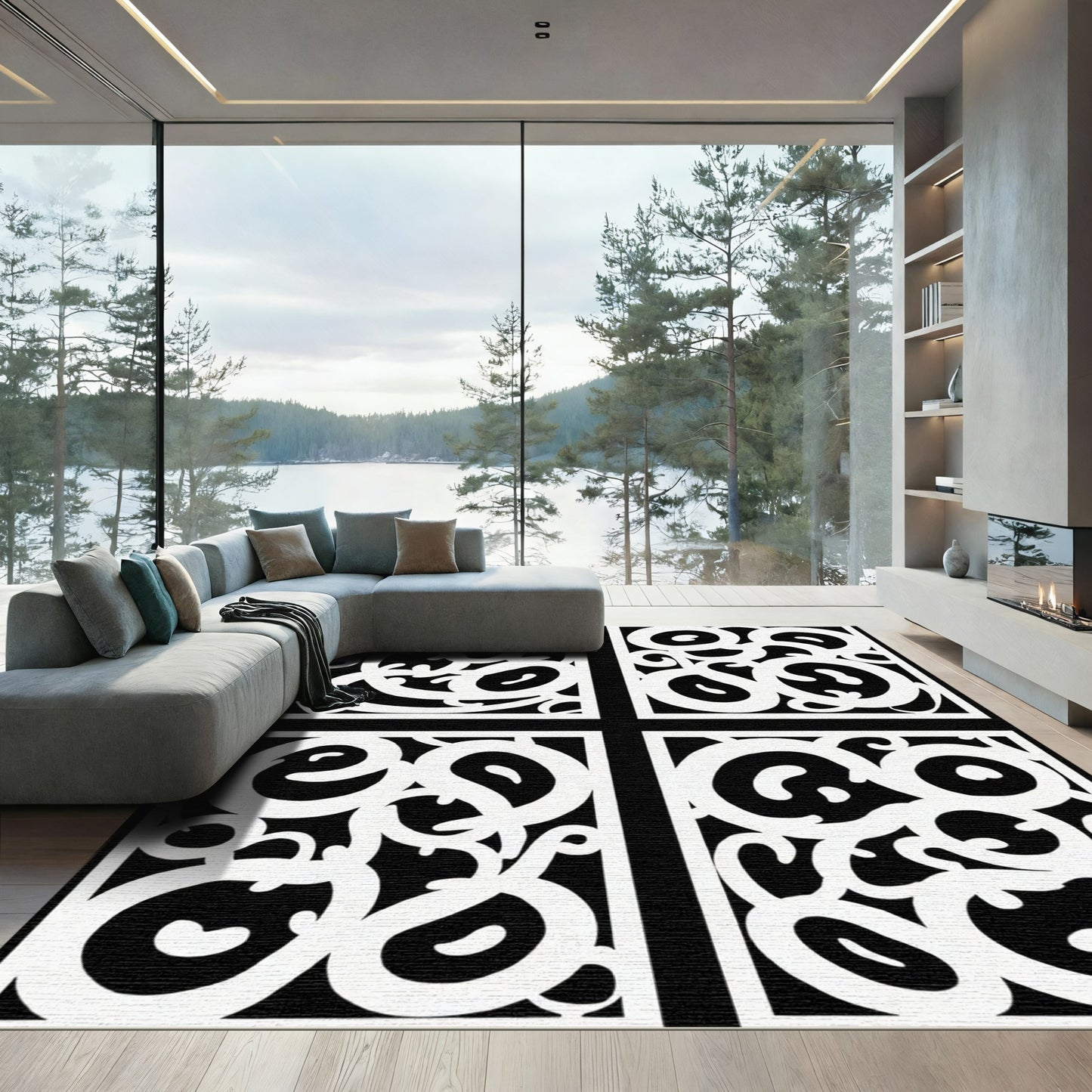 Black White Organic Swirls Composition Rug