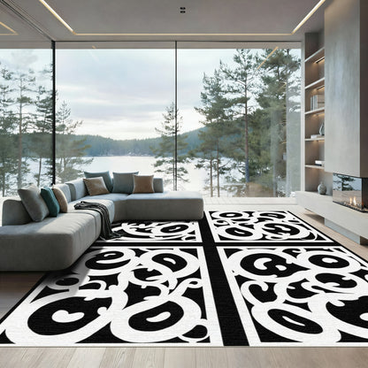 Black White Organic Swirls Composition Rug