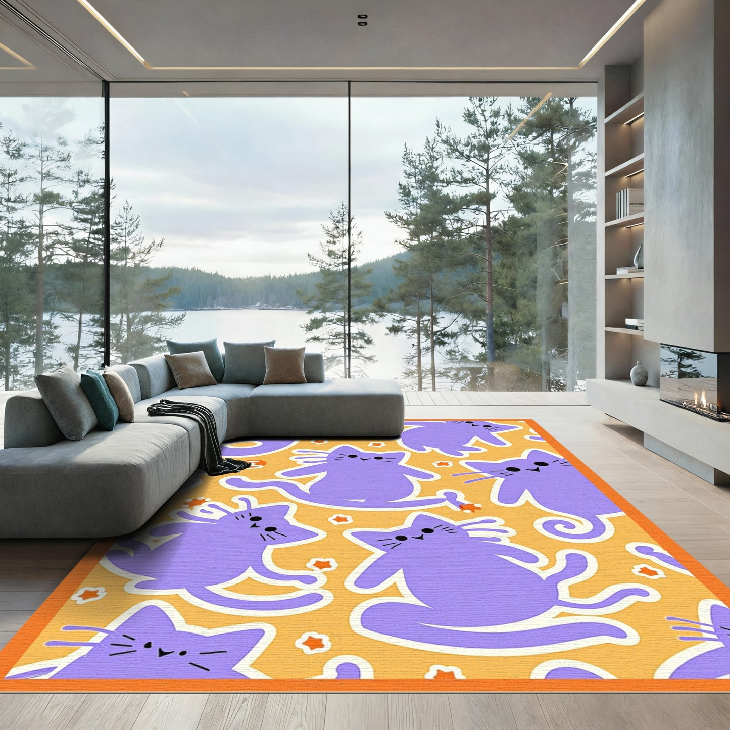 Purple Cats Playful Orange Stars Rug