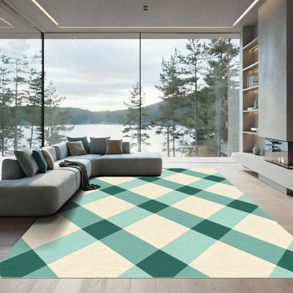 Teal Cream Diagonal Gingham Check Rug