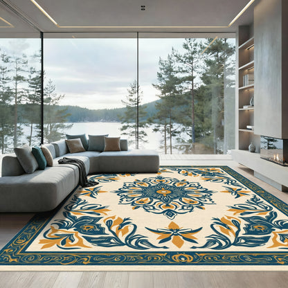Navy Gold Floral Medallion Border Rug
