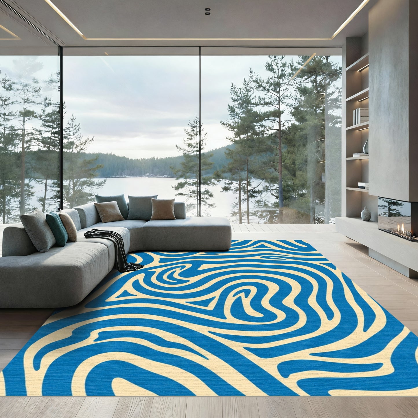 Blue Cream Swirl Abstract Flow Rug