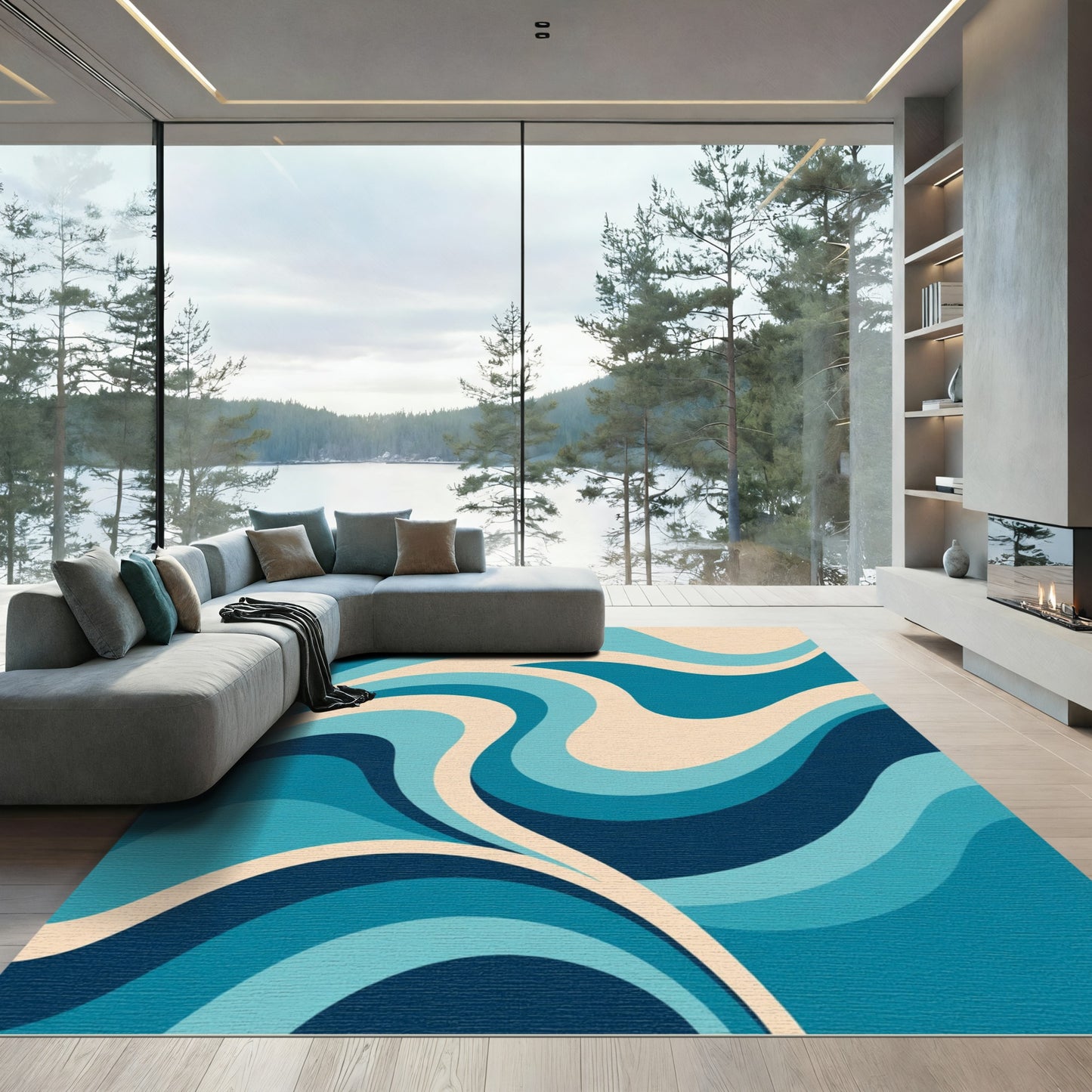 Retro Blue Cream Swirl Rug