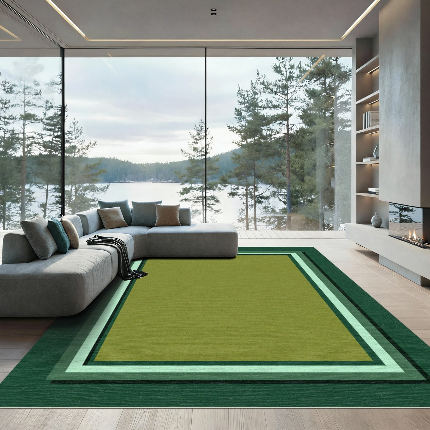 Green Layered Rectangular Border Rug