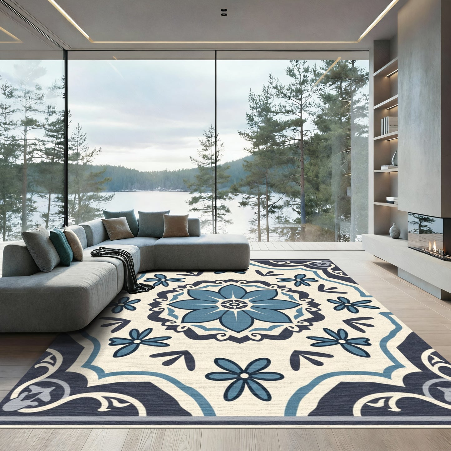 Navy Blue Floral Medallion Tile Rug