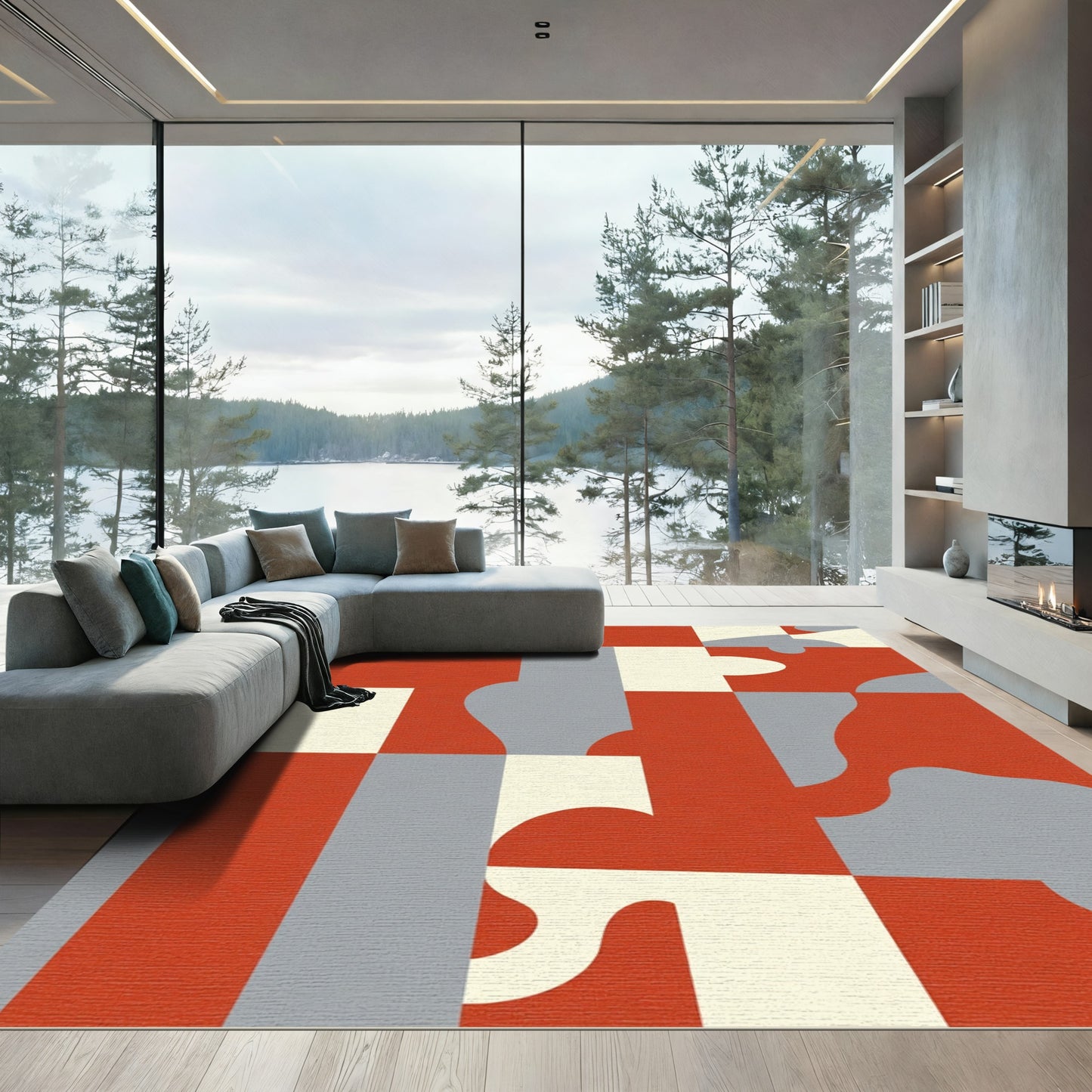 Crimson Geometric Abstract Composition Rug