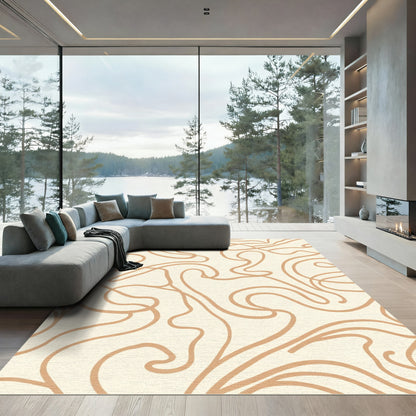 Cream and Tan Abstract Swirl Rug