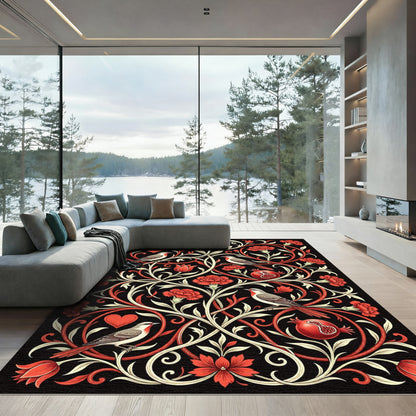 Crimson Birds Pomegranate Floral Garland Rug
