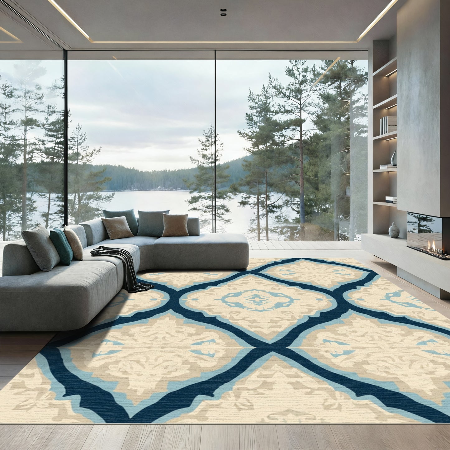 Navy Blue Cream White Arabesque Medallion Rug