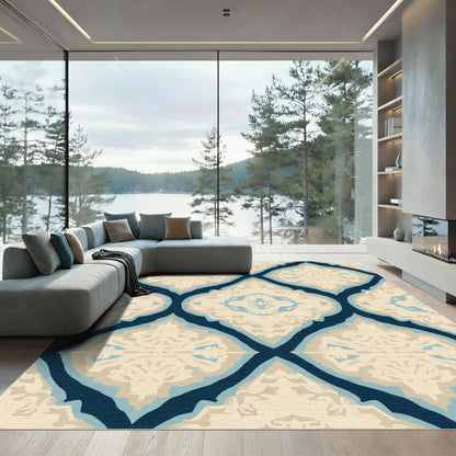 Navy Blue Cream White Arabesque Medallion Rug