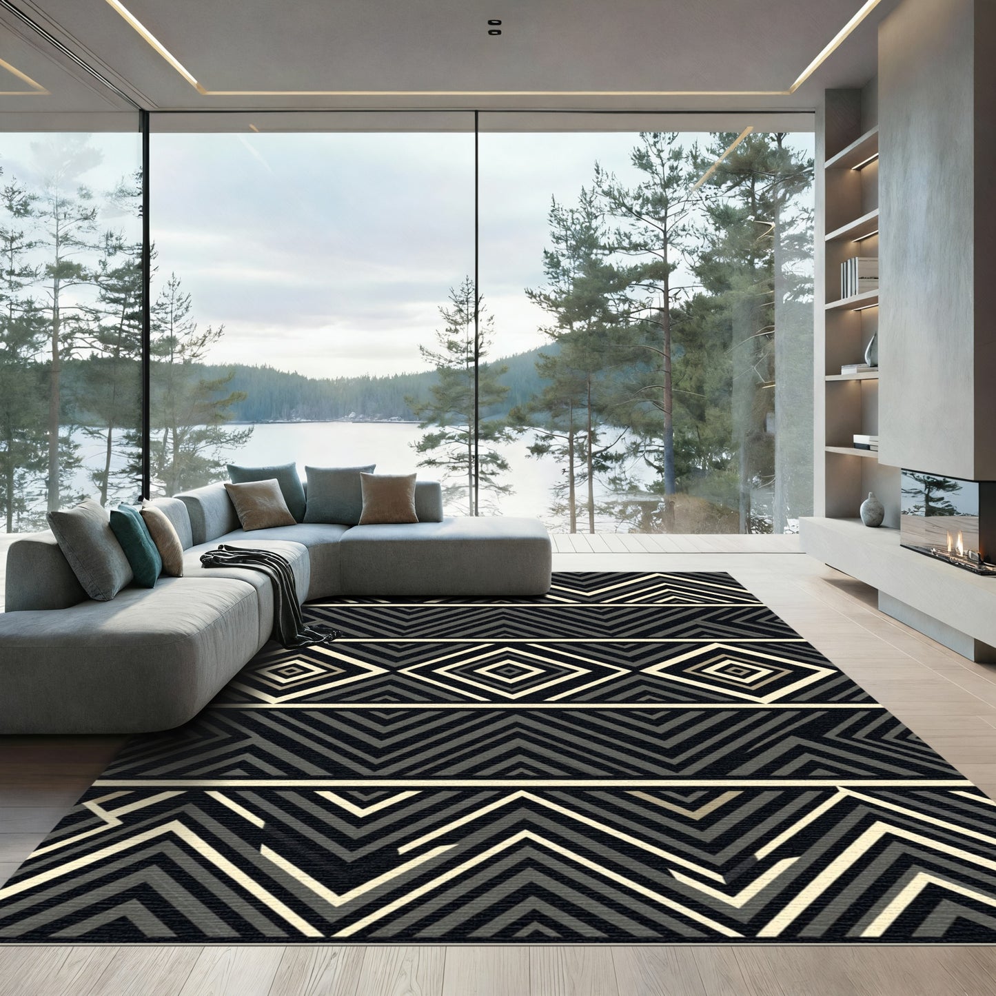 Geometric Black Ivory Tribal Diamond Rug