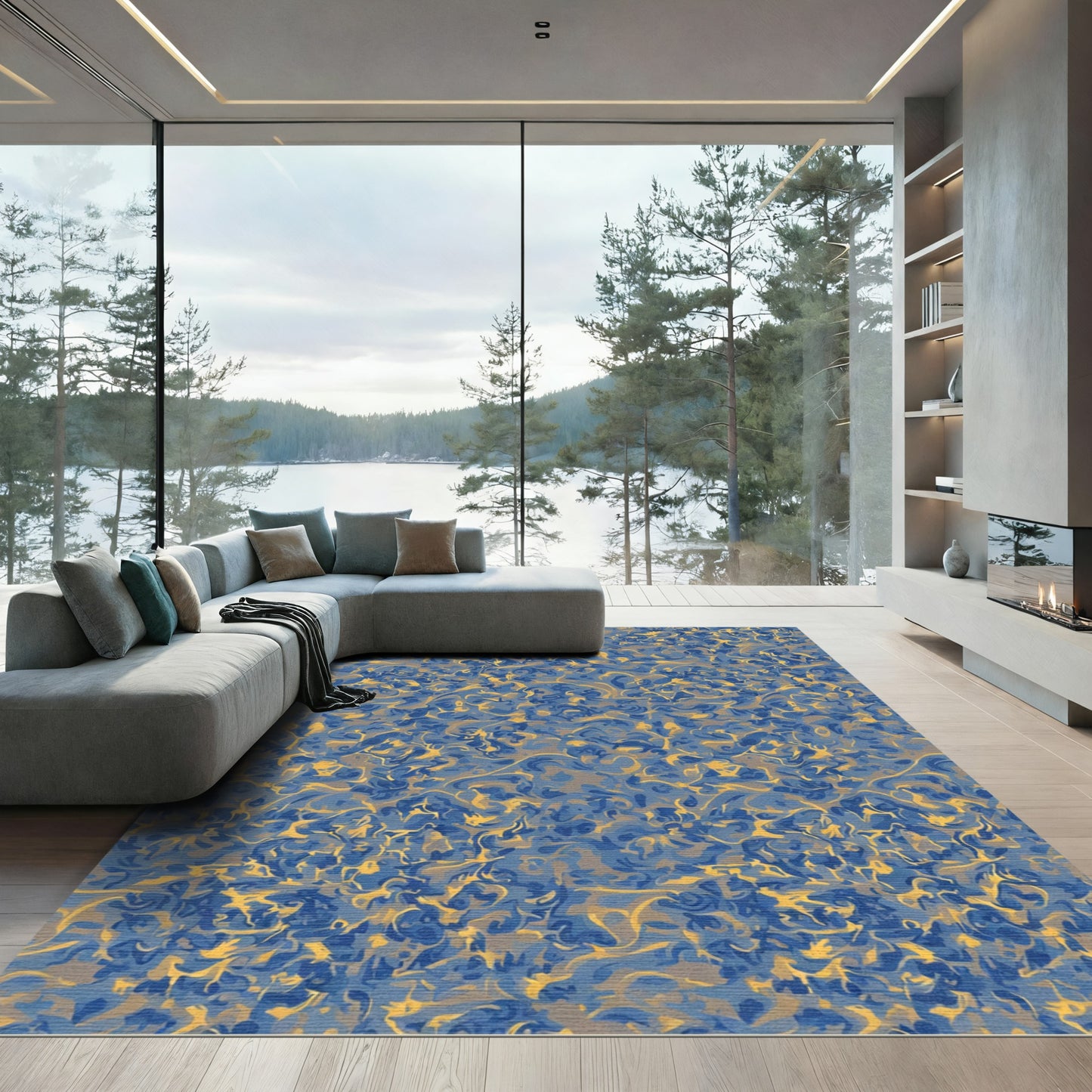 Blue Gold Swirling Abstract Harmony Rug