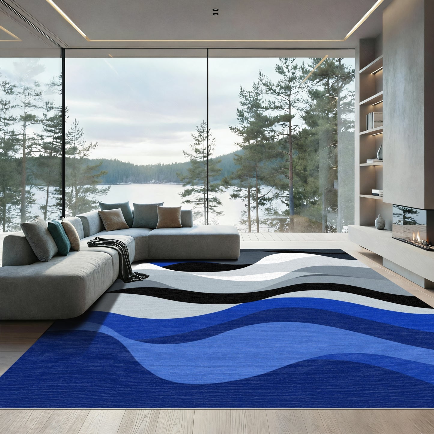 Modern Deep Blue Wave Layers Rug