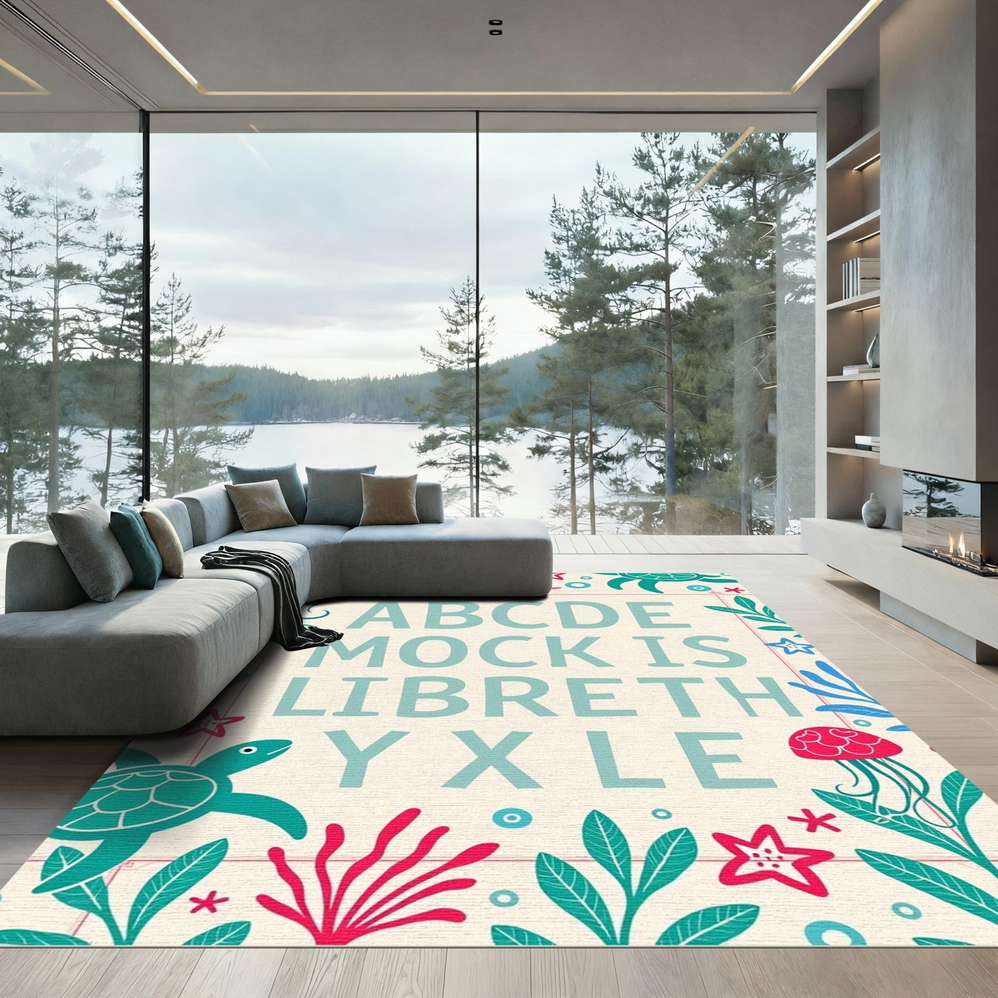 Nautical Alphabet Sealife Border Teal Rug