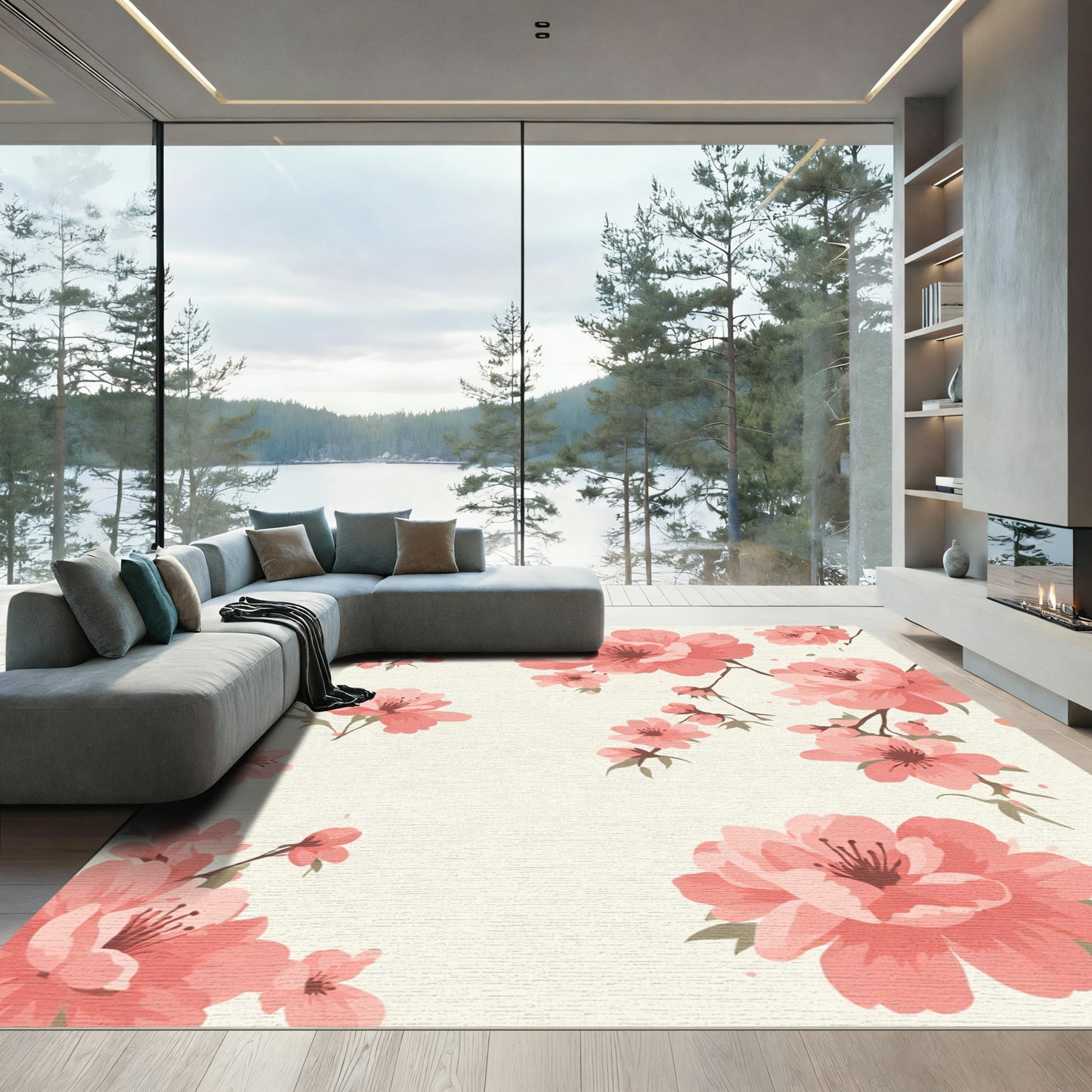 Coral Pink Blossoms Watercolor Spray Rug