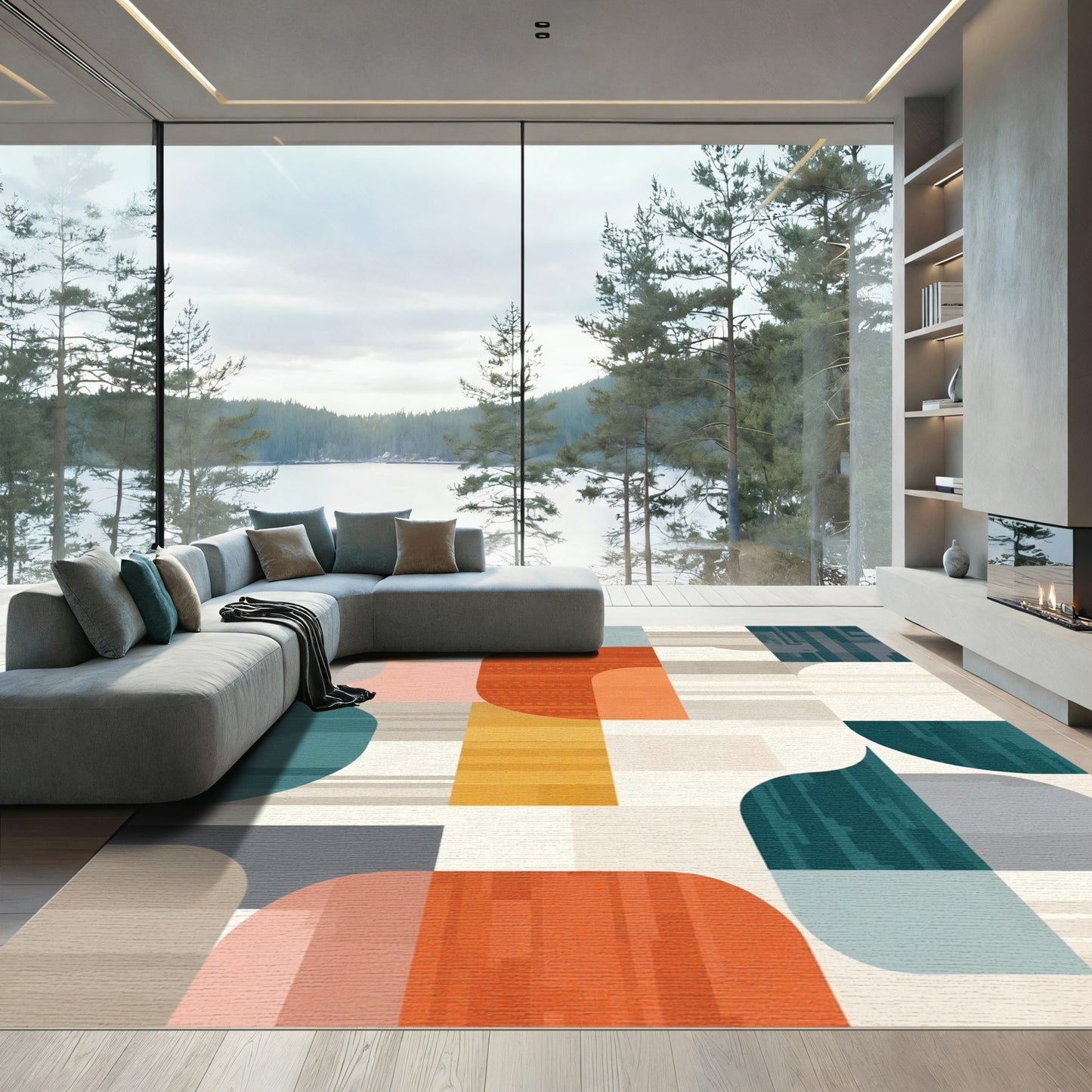 Midcentury Abstract Geometric Color Block Rug