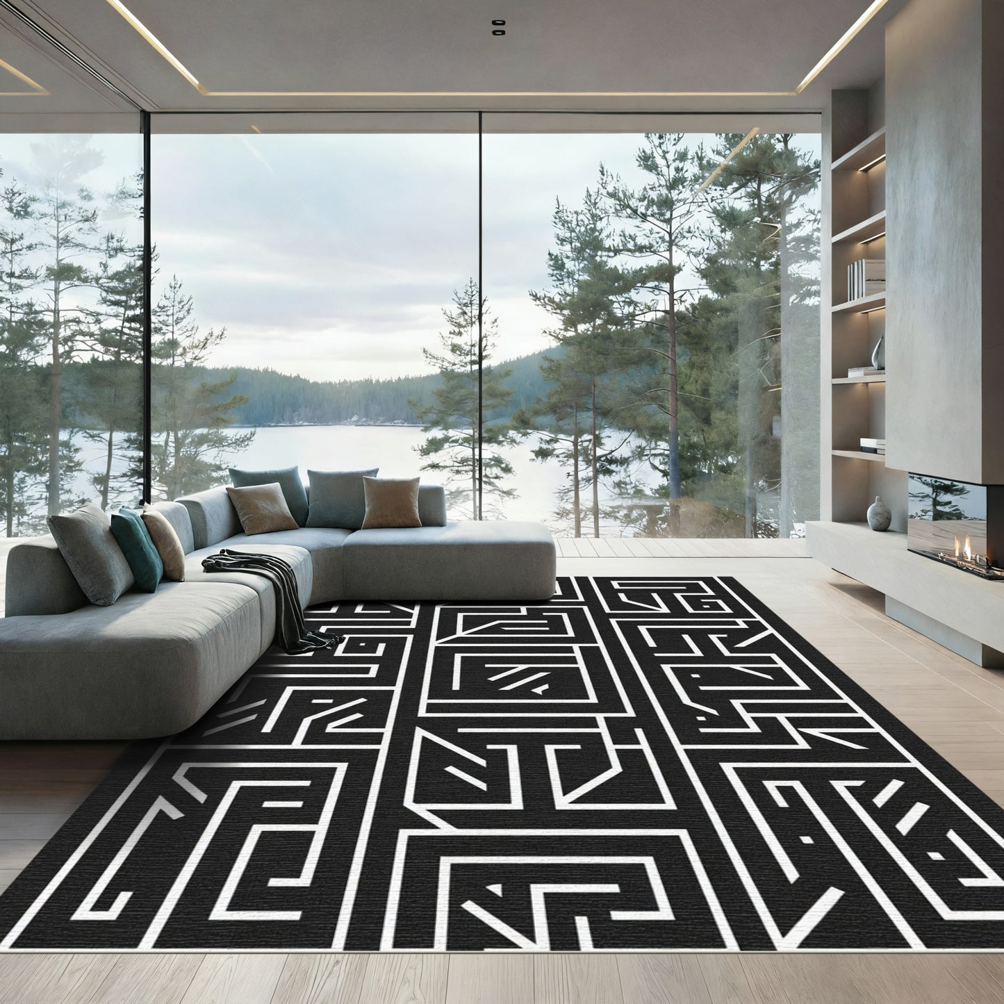 Black and White Geometric Maze Abstraction Rug