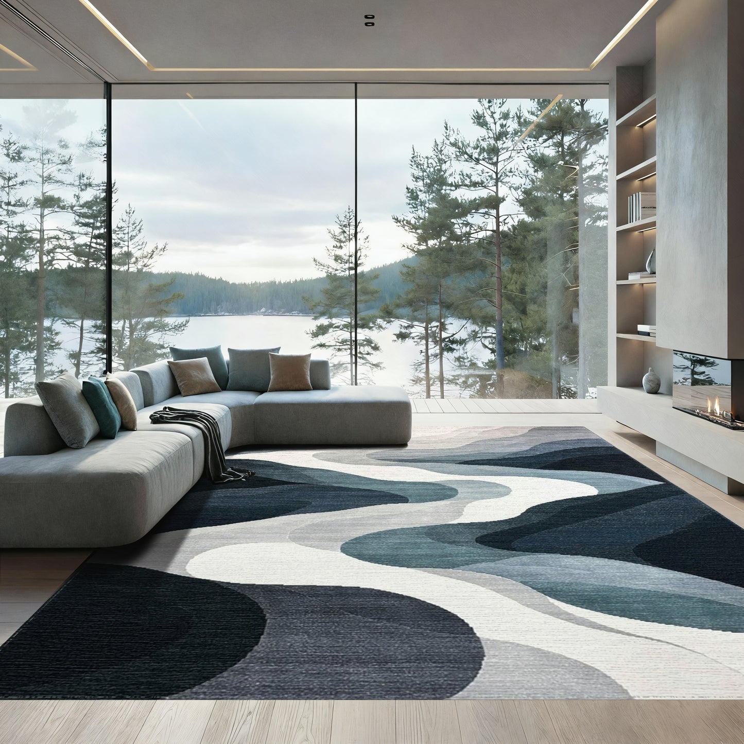 Grayscale Layered Waves Rug