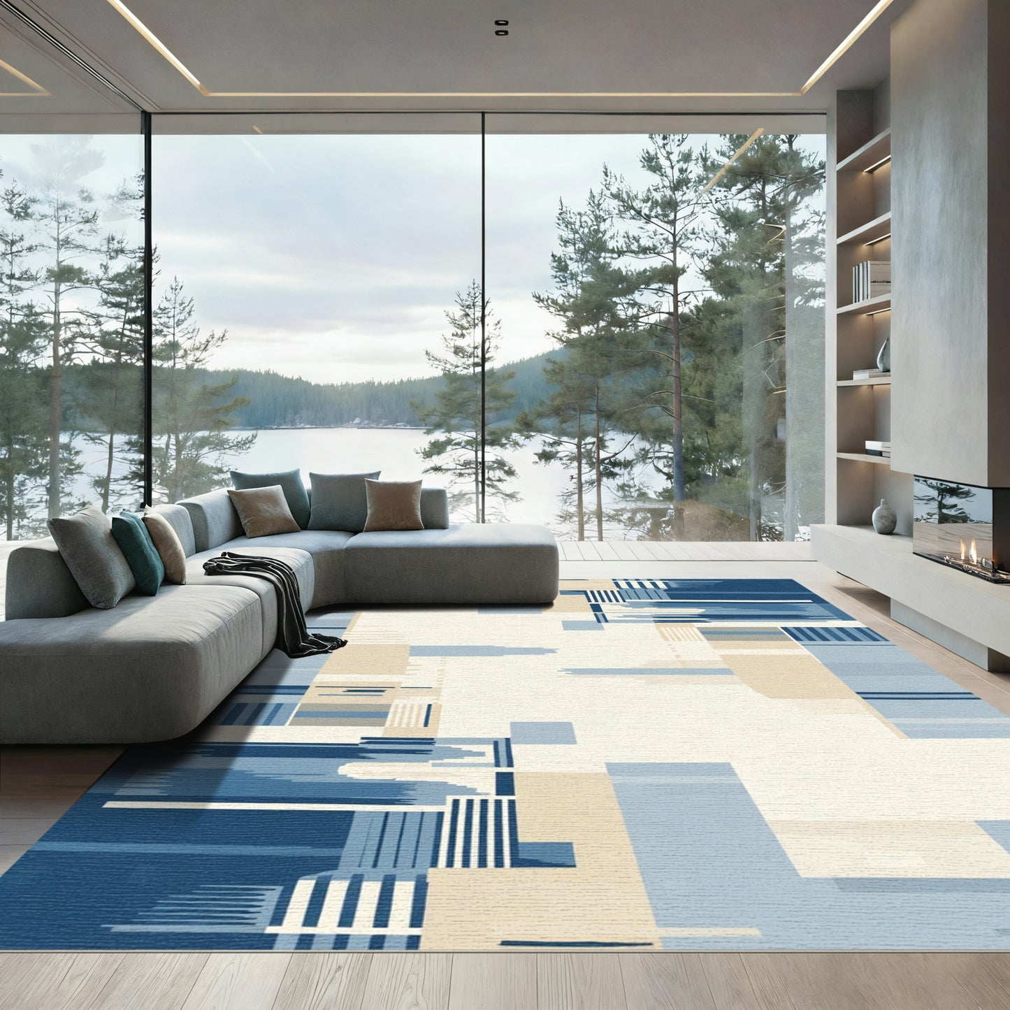 Abstract Geometric Blue Sand Shapes Rug