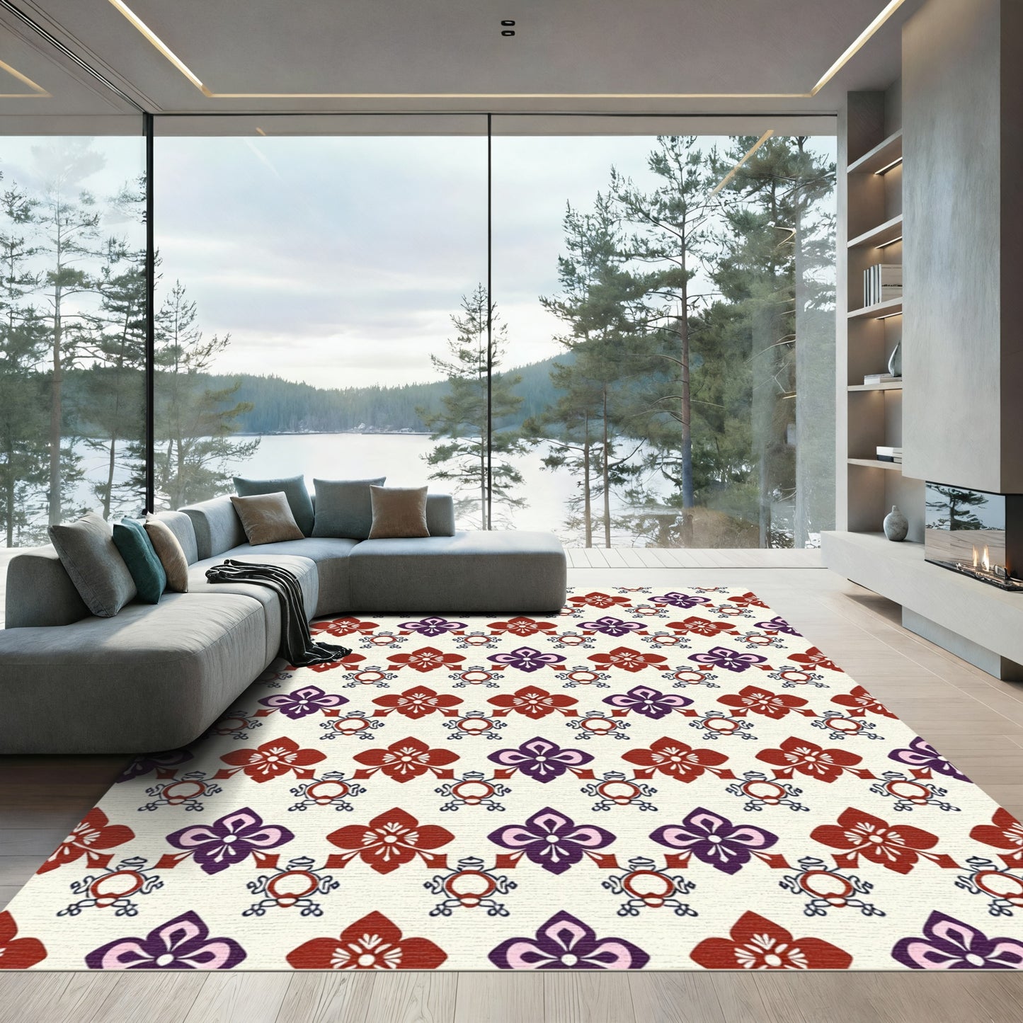 Deep Crimson and Plum Folk Art Floral Rug