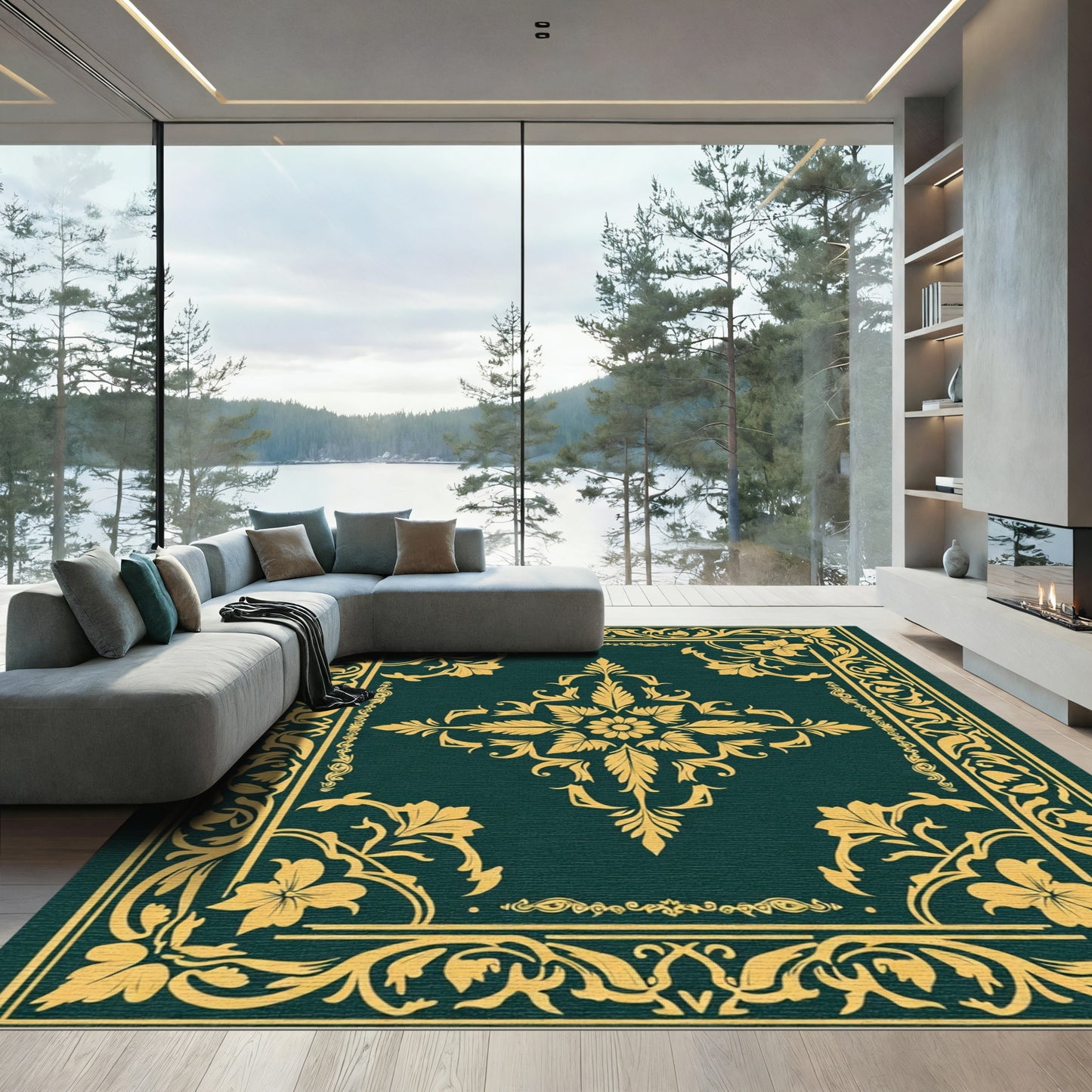 Golden Teal Floral Scroll Border Rug