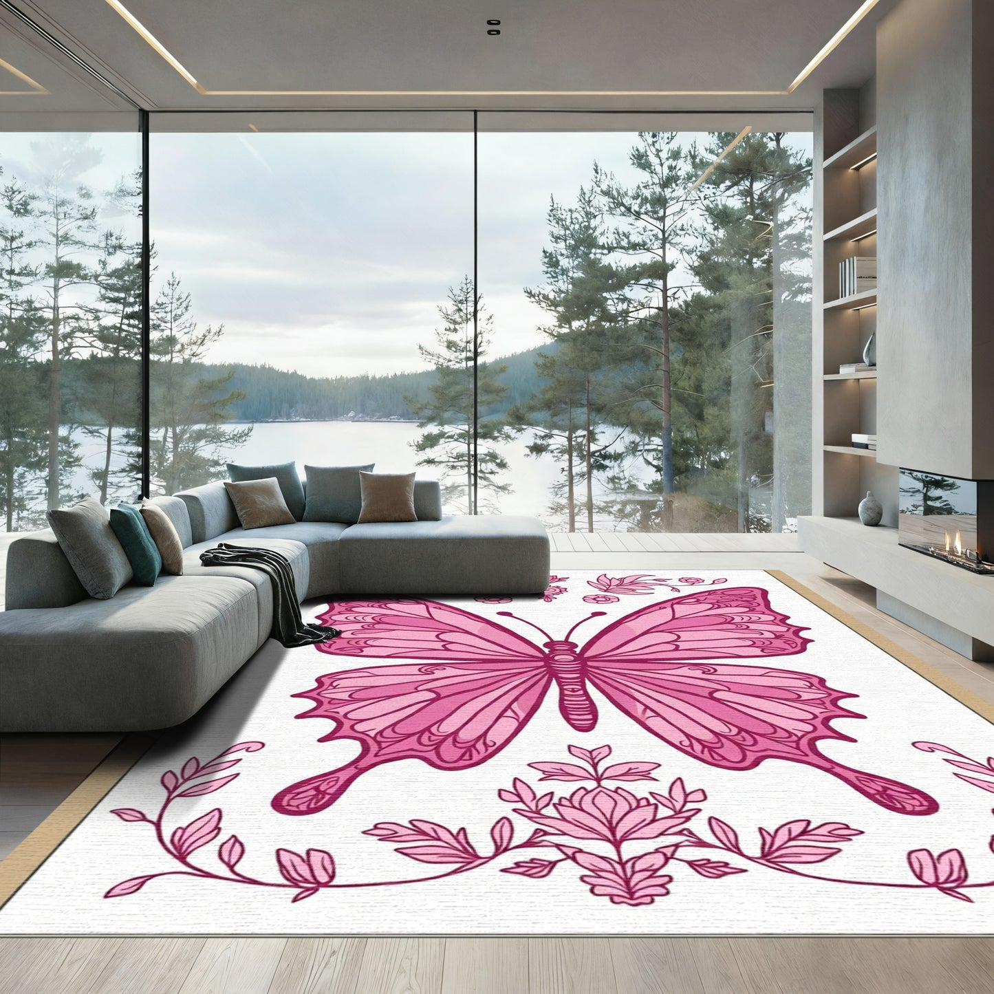 Pink Butterfly Floral Garden Art Rug