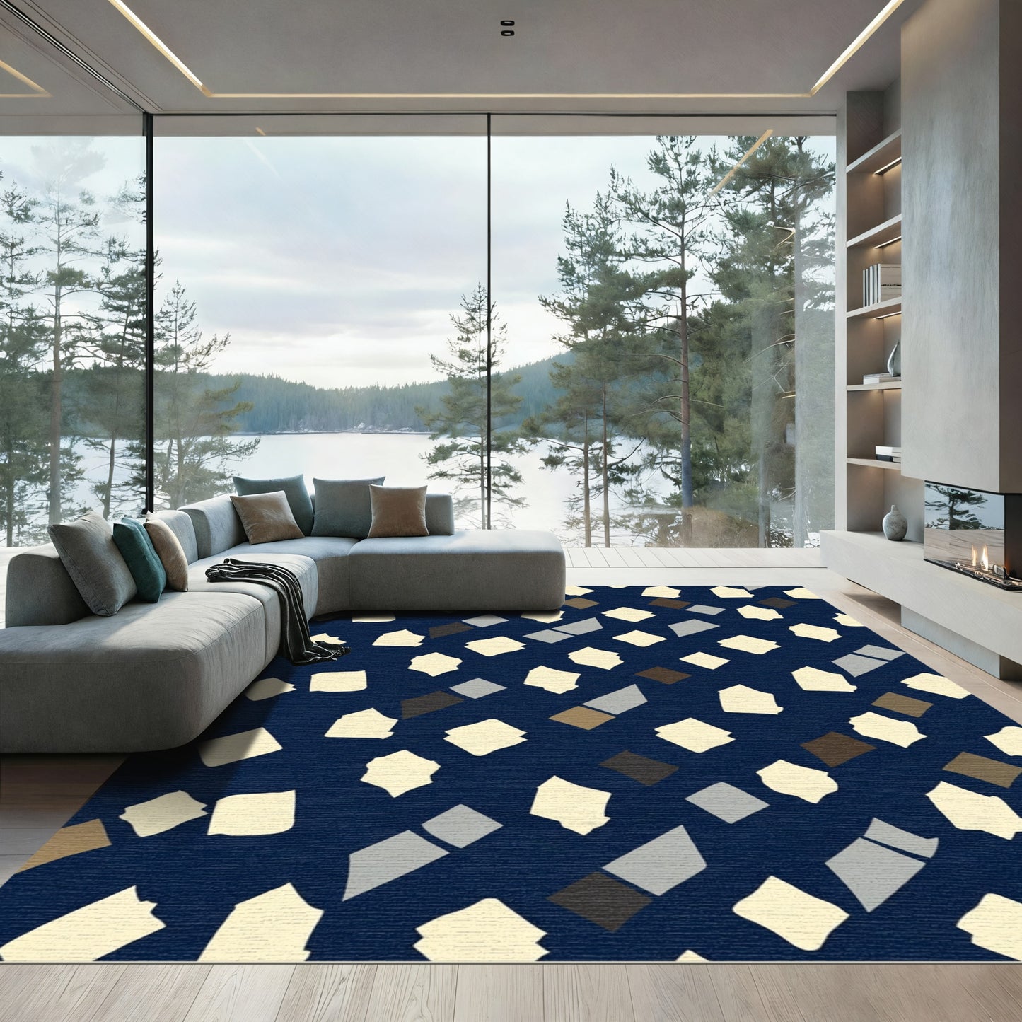 Navy Cream Abstract Scattered Shapes Rug
