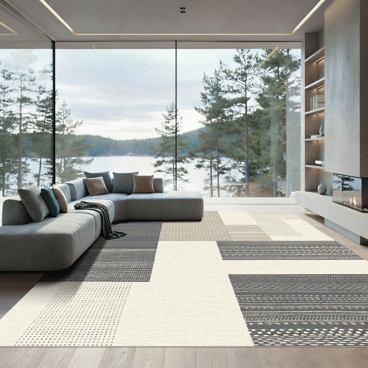 Gray Beige Abstract Geometric Patchwork Rug