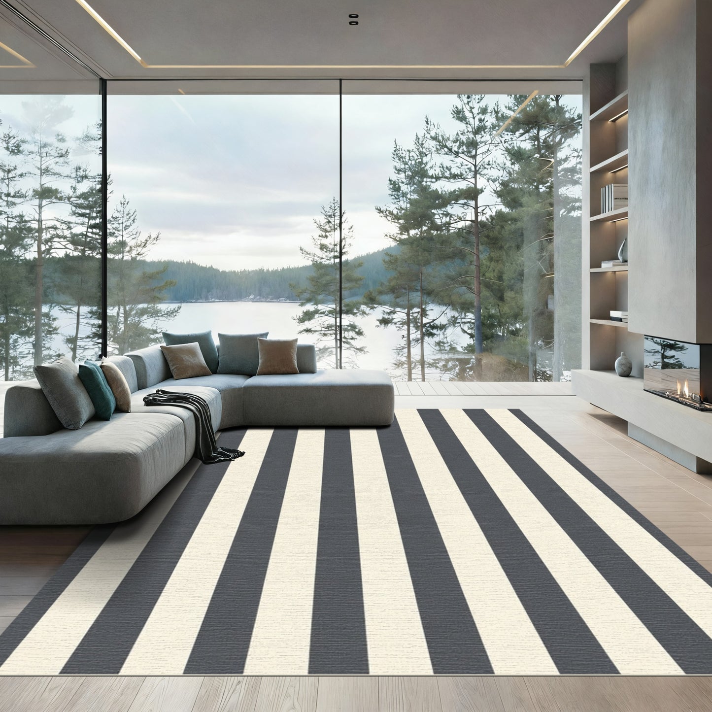 Classic Navy and Cream Striped Rug