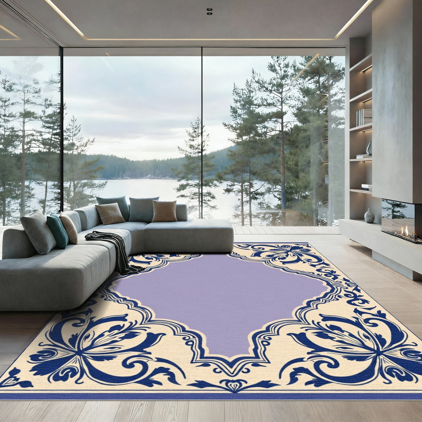 Ornate Blue Floral Cream Medallion Rug