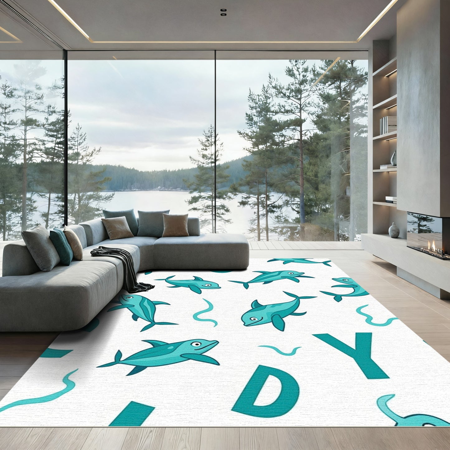 Aqua Dolphins Alphabet Splash Rug
