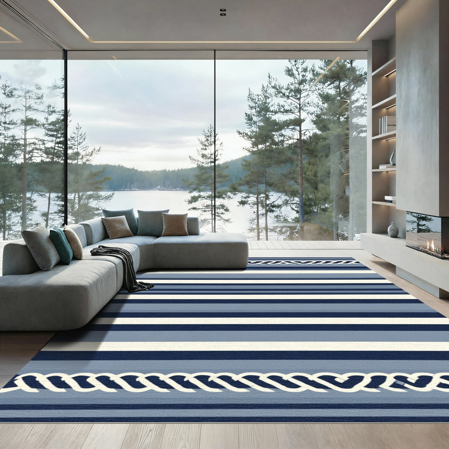 Nautical Blue And Cream Horizontal Stripes Rug