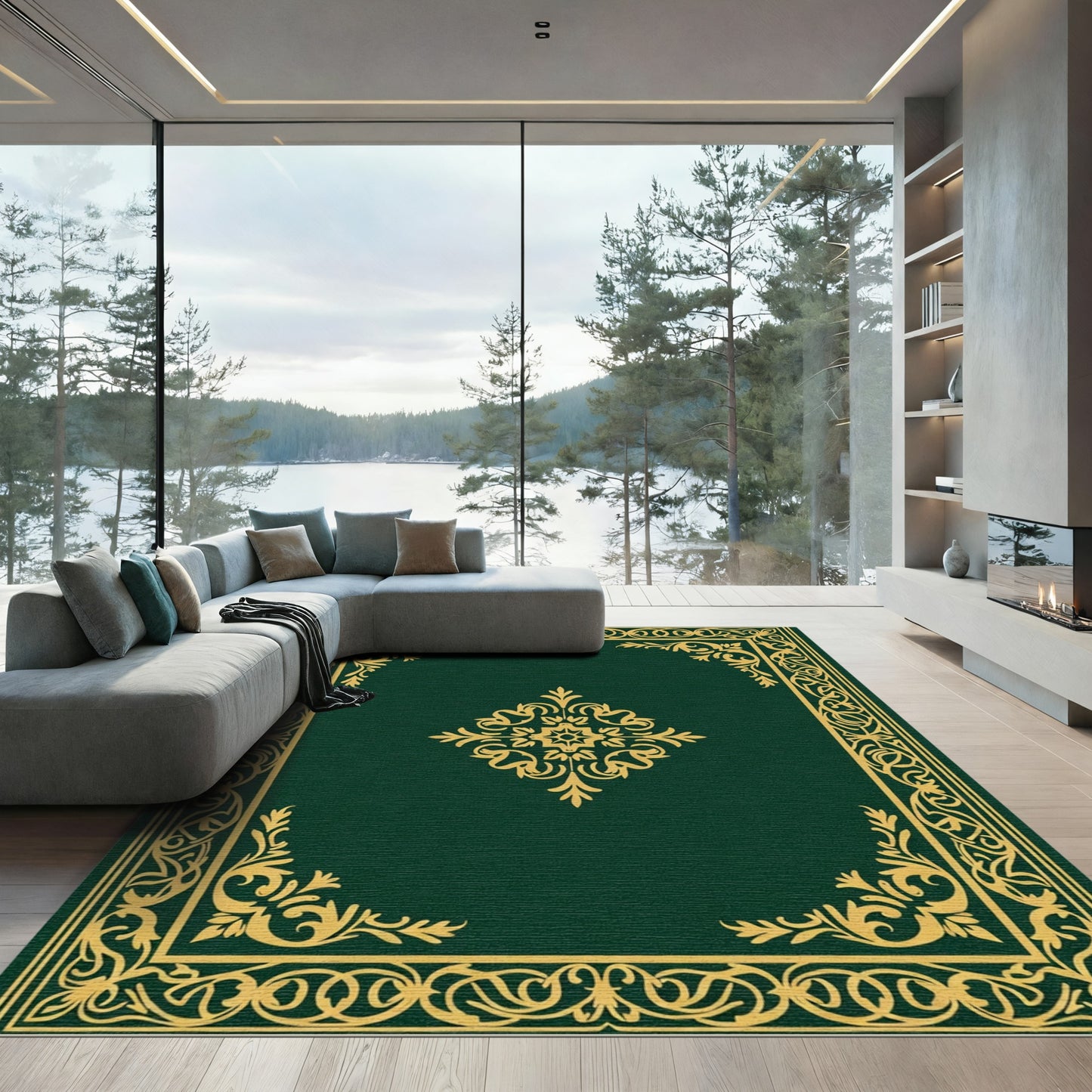 Elegant Forest Green Golden Flourish Rug