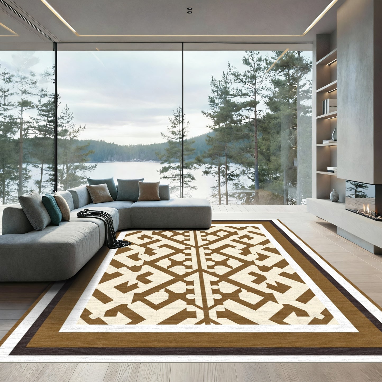 Brown Geometric Lattice Medallion Rug