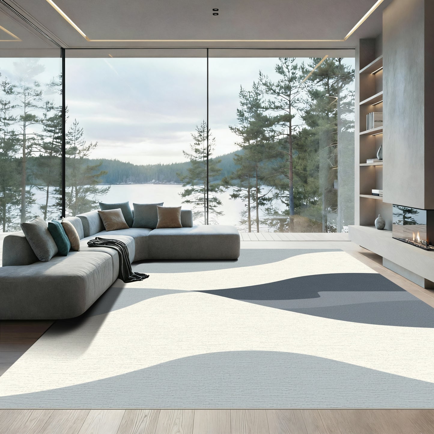 Serene Blue Grey Abstract Waves Rug