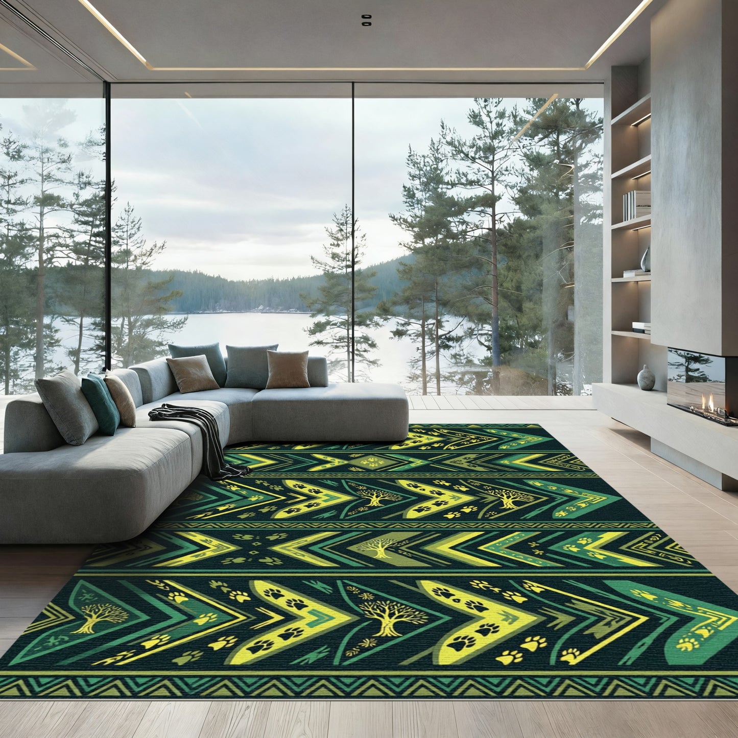 Tribal Green Yellow Paw Tree Arrows Rug