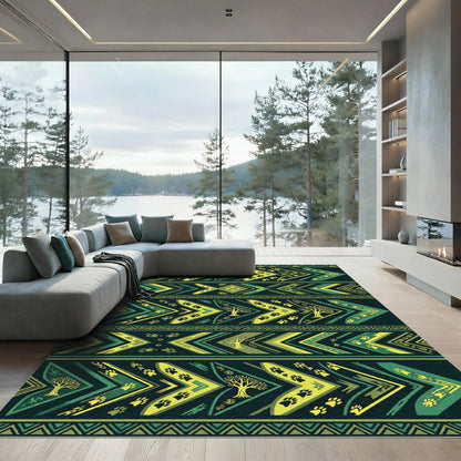 Tribal Green Yellow Paw Tree Arrows Rug