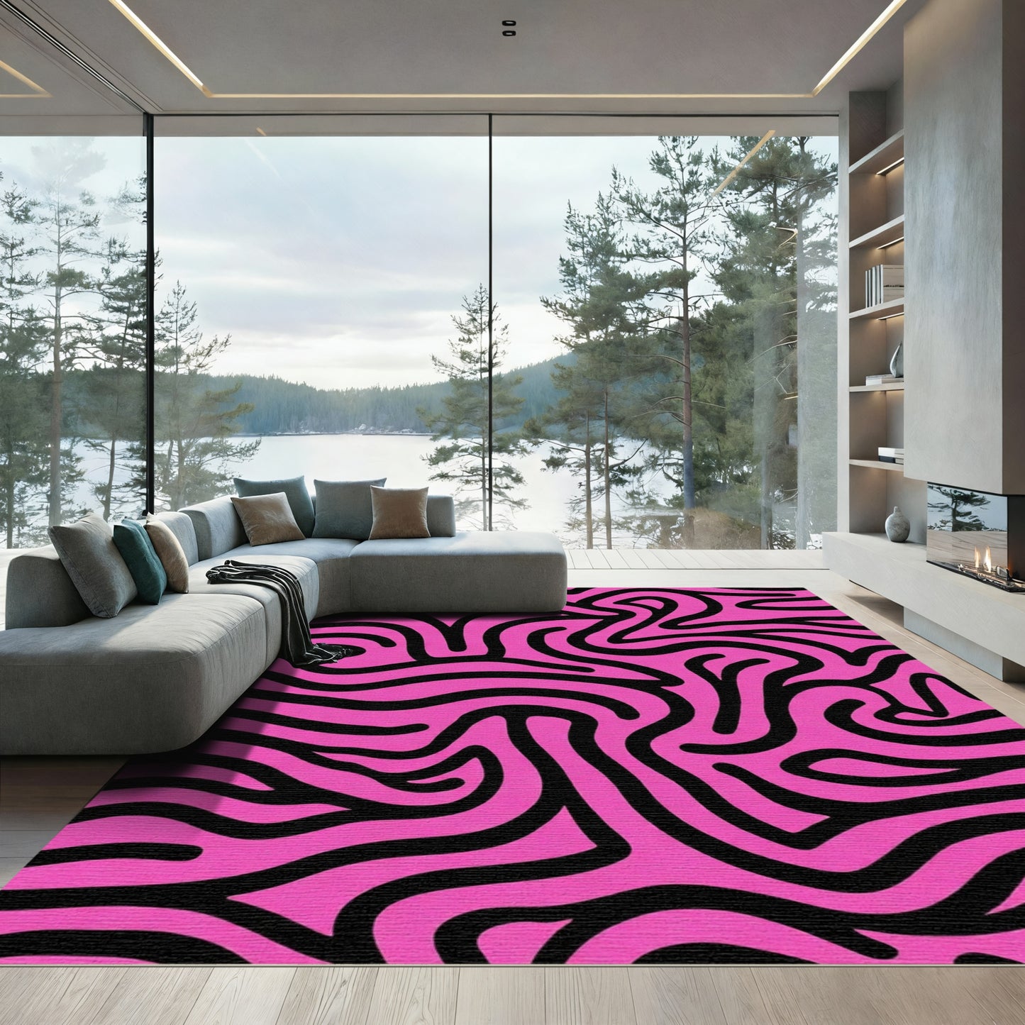 Hot Pink Black Swirl Abstract Rug