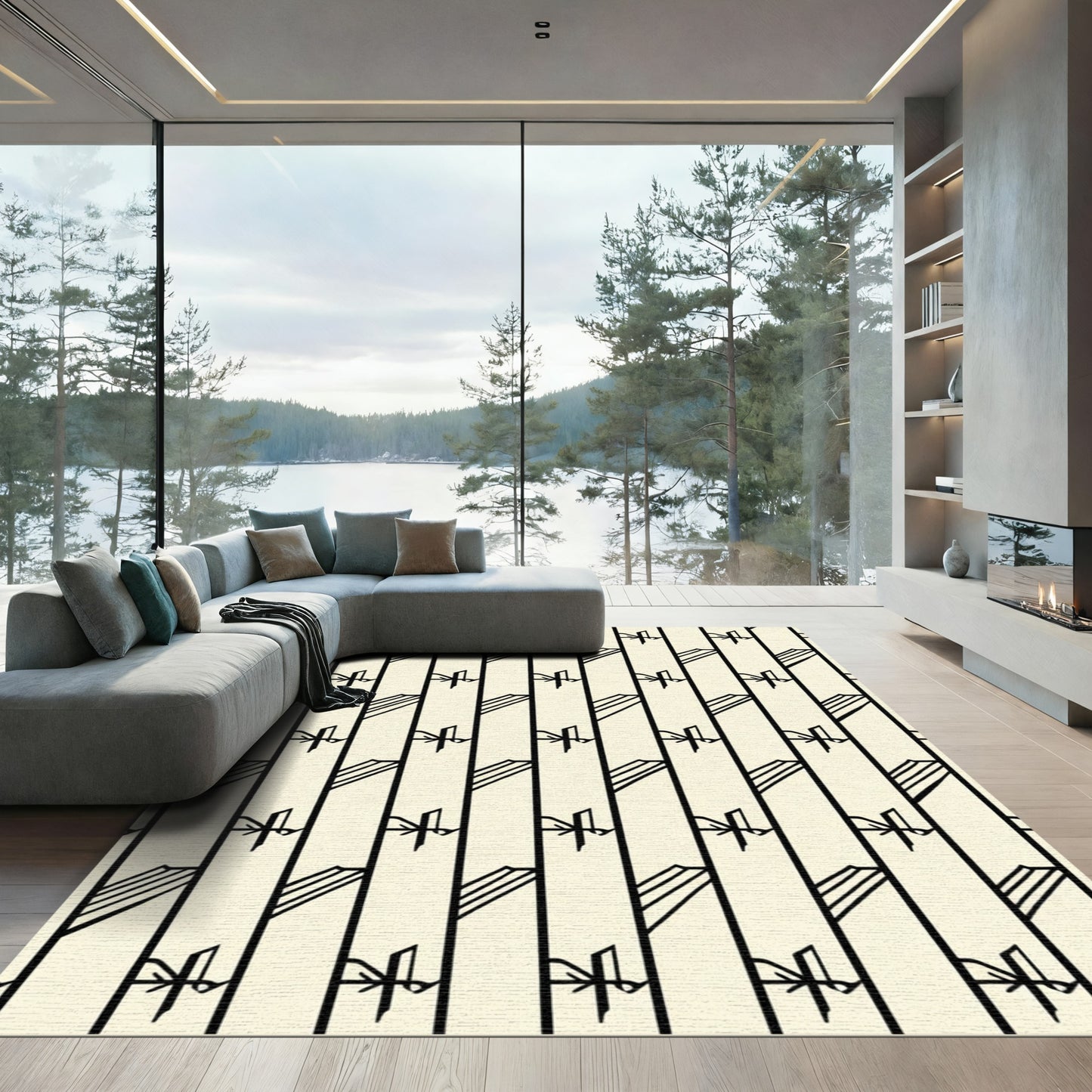 Cream Black Art Deco Geometric Stripes Rug