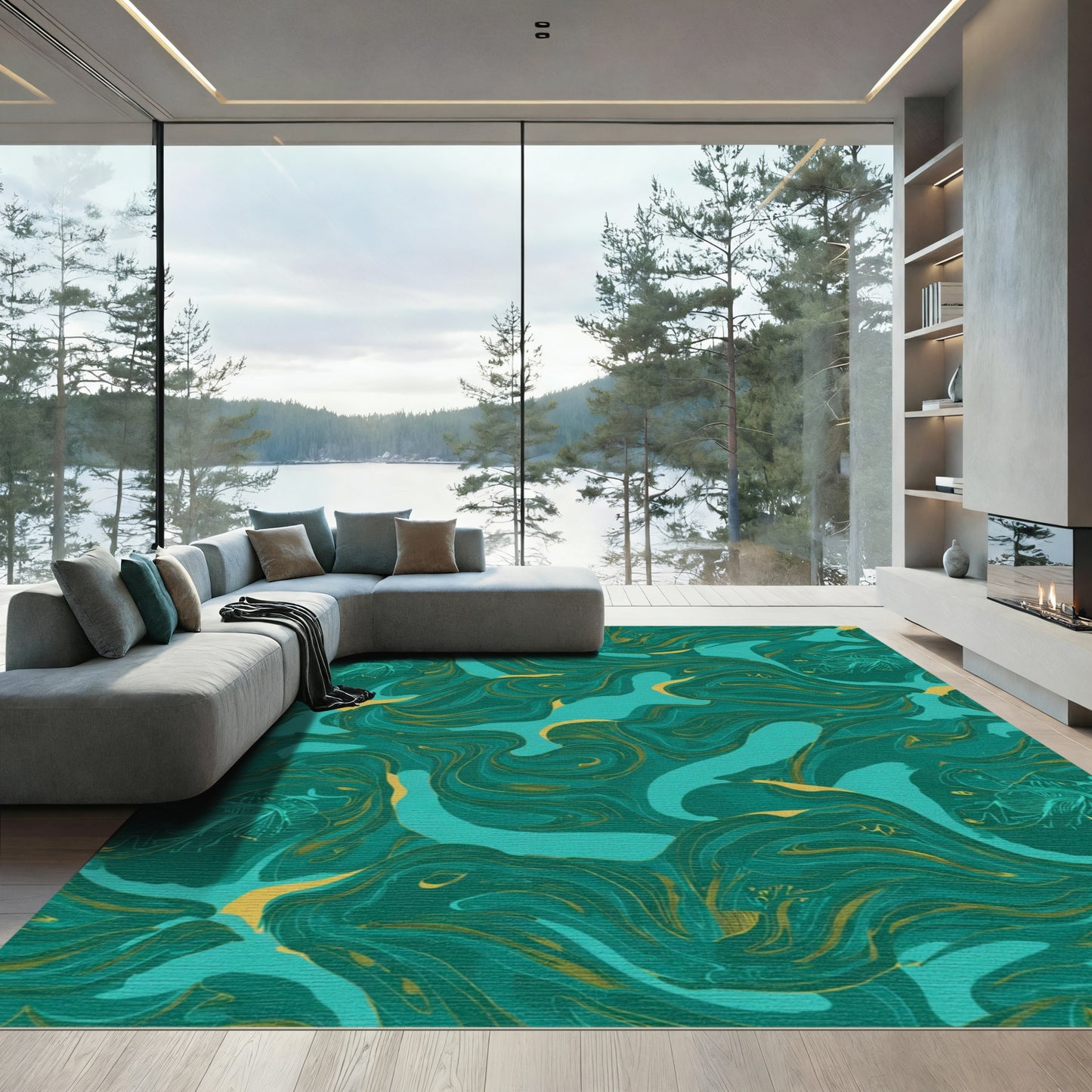 Teal Gold Swirling Marble Abstract Rug