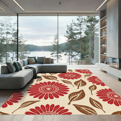 Crimson Red Floral And Leaf Arrangement Rug