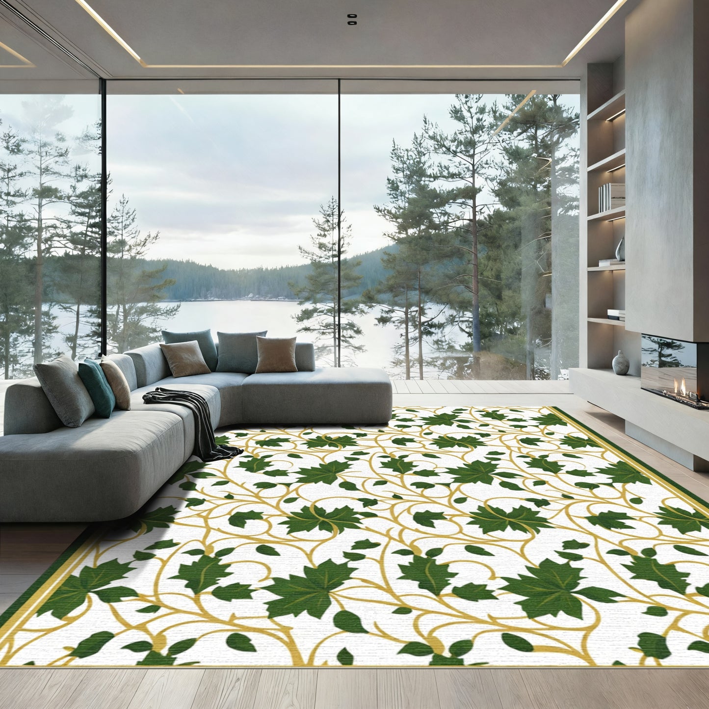 Green Leaf Vine Scroll Border Rug