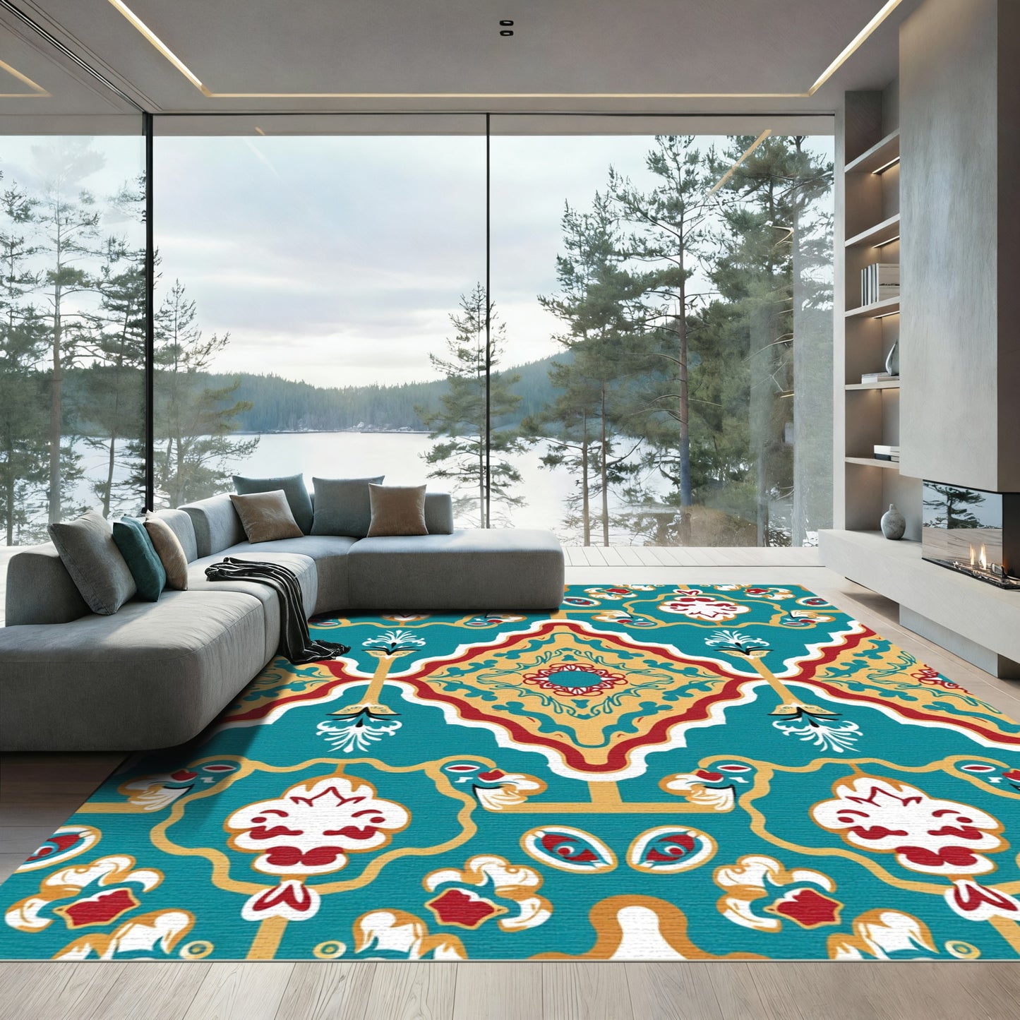 Teal Red Golden Floral Medallion Rug