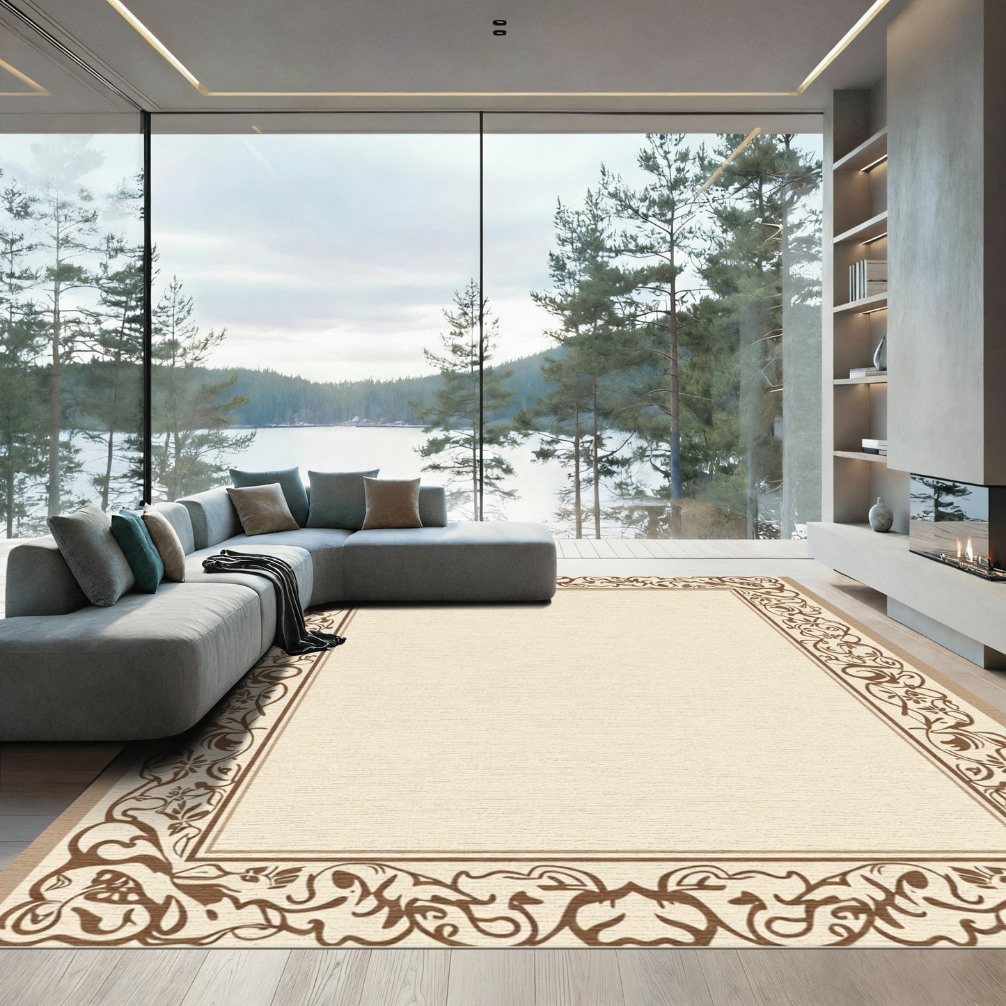Neutral Brown Floral Scroll Border Rug